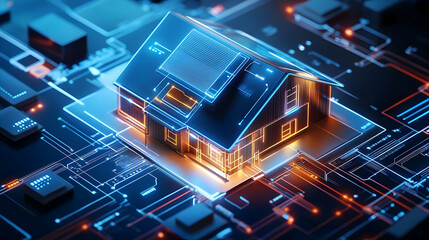 3D Illustration of a Smart Home on a Circuit Board