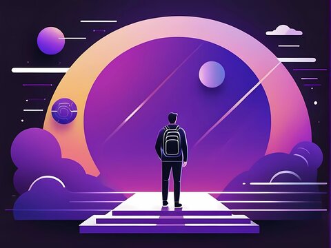 A man with a backpack is seen striding steadily over a white line that stretches across the center of the cosmos