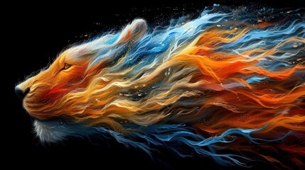 A vibrant illustration of a lion's head formed from flowing colors representing fire and water.