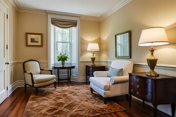 Fototapeta premium Luxury Guest Room with Classic Armchair Elegant Wood Flooring and Soft Cream Walls