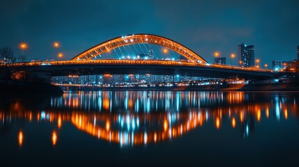Naklejka premium A beautifully illuminated bridge reflecting in the water at night, showcasing urban architecture.