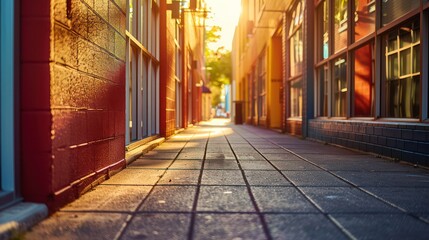 Fototapeta premium A sunlit alleyway showcasing vibrant colors and textures of buildings and pavement.