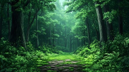 Obraz premium A path through a dense, green forest, with sunlight breaking through the canopy.