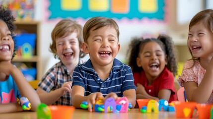 Naklejka premium Children participating in a role-playing activity to explore different emotions, capturing their diverse expressions and the supportive classroom environment. Copy space for text