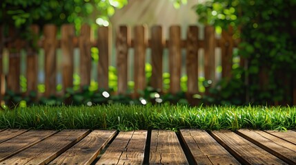 Fototapeta premium Designing Visual Layout with Wood Table Top, Fence, and Garden Grass Background for Product Presentation