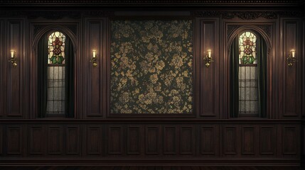 Luxurious Victorian room with ornate wallpaper and wooden panels