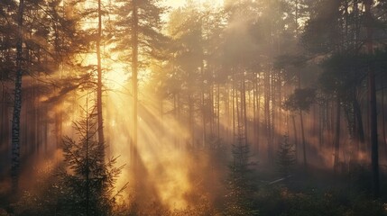 fog drifting through a dense forest during golden hour, with the sunlight filtering through the trees and creating a peaceful and mystical atmosphere, with copy space for text