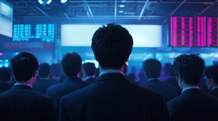 Fototapeta premium A group of men in suits are standing in front of a large screen with a lot of nu