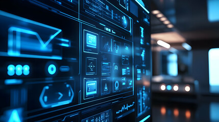 Futuristic Technology Interface - Blue Digital Display with Data and Graphs