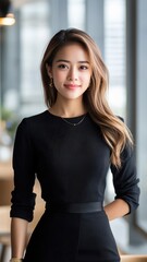 An Asian woman in a stylish business dress, collaborating with colleagues in a modern office environment.