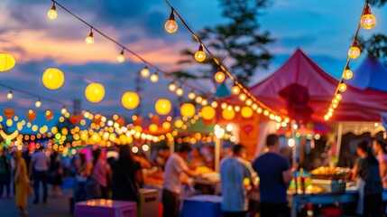 Obraz premium summer festival scene with string lights hanging above food stalls, colorful tents, and people enjoying music and dancing, creating a festive and vibrant atmosphere, with copy space for text