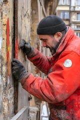 Construction Worker Inspecting Wall Damage