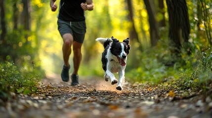 5. A jogger with a border collie running through a forest trail