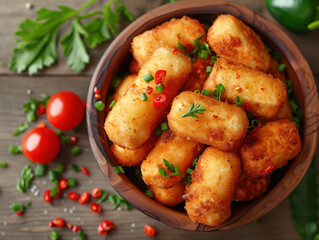 Fototapeta premium Traditional Spanish croquetas, Close up of rustic wooden bowl on table