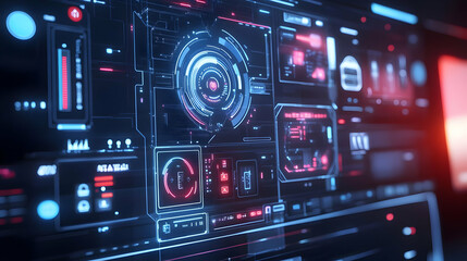 Futuristic Interface with Glowing Blue and Red Lights 3D Illustration