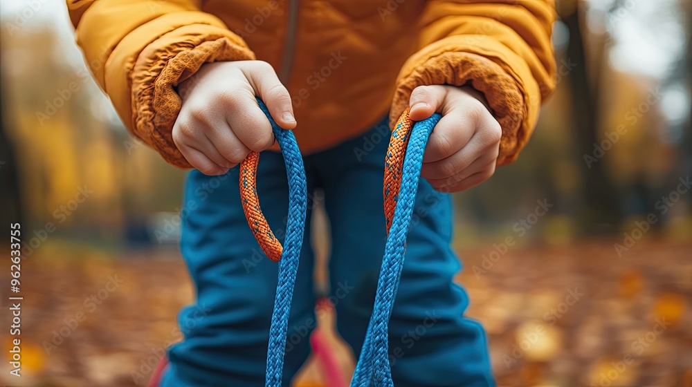 Sticker A child holds blue ropes in a colorful autumn setting, ready for outdoor play.