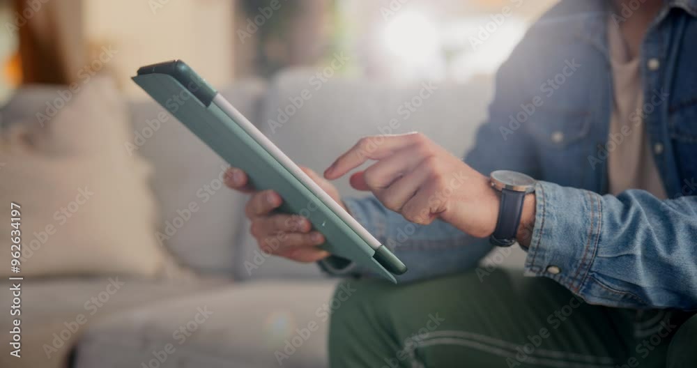 Aufkleber Tablet, hands and person scroll in home to check social media account, follow or like content creator. Technology, closeup and user click on app online for internet search or subscribe to influencer