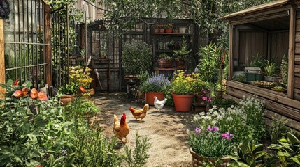 A backyard chicken coop in an urban garden, with chickens exploring a yard filled with potted plants, herbs, and flowers