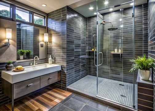Gleaming glass enclosure surrounds sleek, dark-gray subway tiles and sparkling chrome fixtures in a modern, spa-inspired bathroom with a rainfall showerhead.