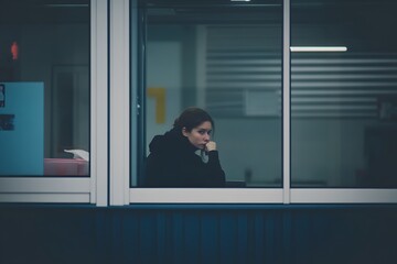 Woman Looking Through Window  Pensive Expression  Thoughtful   Window View  Indoor  Interior