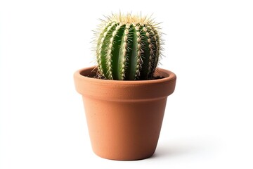 A cactus in a terracotta pot on a white background.