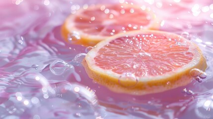 A few grapefruits sit atop a pink background, with droplets of water splashing onto their surfaces