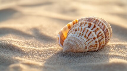 A close-up of a beautifully patterned seashell resting on soft, golden sand.