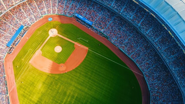 Majestic Aerial Sunset View of Modern Baseball Stadium with Retractable Roof and Detailed Field in 8K Resolution