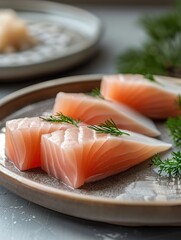 Japanese yellowtail Hamachi sashimi slices on a beige ceramic plate, premium sushi dish
