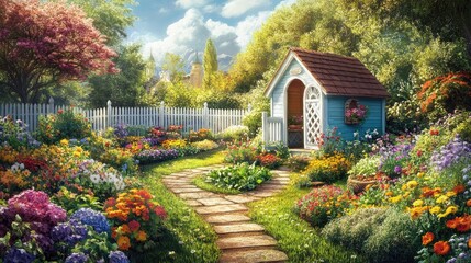 A chicken coop in a backyard garden, surrounded by colorful flowers, vegetable patches, and a white picket fence, sunny day