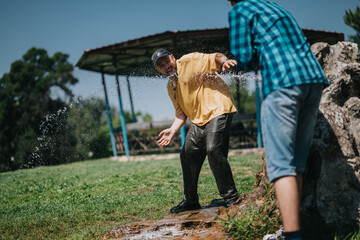 Friends enjoying a playful moment by splashing water at each other near a fountain on a hot summer day, capturing joy and laughter.