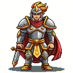Fototapeta premium Pixel Art Knight in Armor with Sword and Red Cape