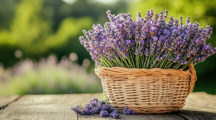 Fototapeta premium A close-up of a basket filled with freshly cut lavender, placed on a rustic wooden table in a countryside setting