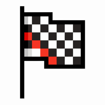 recommend clip art: Pixelated Checkered Racing Flag Icon with Red Detail on Black and White Pattern