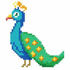 Colorful Pixel Art Peacock Illustration in Retro Style on White Background