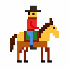 Obraz premium Pixel Art Cowboy Riding Horse in Retro 8 Bit Style Illustration