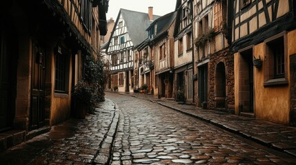 Fototapeta premium A cobblestone street in an old European town, with intricate patterns and textures, creating a historic ambiance
