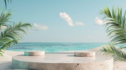 Abstract Stone Podium on Summer Beach with Tropical Sea Background