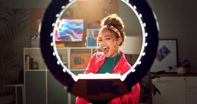 Happy woman, portrait and influencer with ring light for video recording, online tutorial or communication at home. Young, female person or vlogger in POV with makeup for tips, advice or vlogging - Powered by Adobe