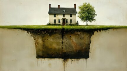 A surreal depiction of a house suspended above a deep void, blending reality with imagination.
