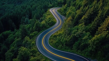 Fototapeta premium A drone shot of a serpentine mountain road with yellow traffic lines, winding through a dense forest
