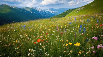 A grass field with patches of wildflowers, showing vibrant colors and natural beauty in a meadow during summer