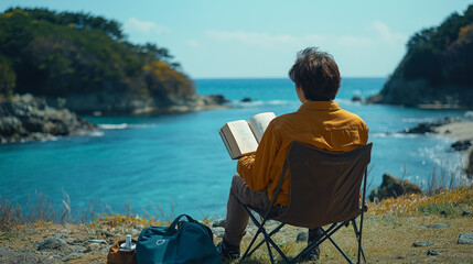 Fototapeta premium 海岸でチェアリングをする男性