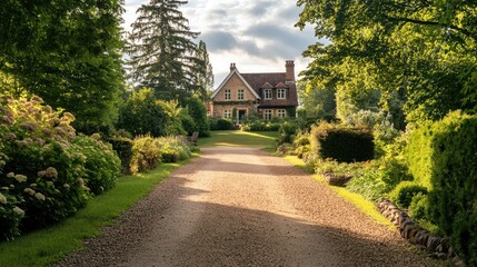 A gravel driveway leading up to a country house, bordered by trees and bushes, with a rural charm and peaceful atmosphere