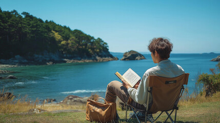 Fototapeta premium 海岸でチェアリングをする男性