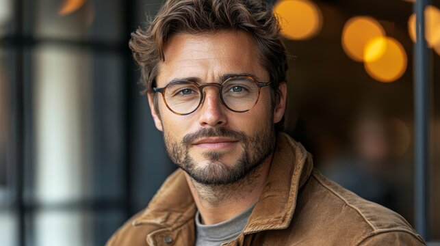 A young man with glasses smiling warmly while seated indoors at a cozy café during daylight hours