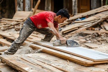 Construction Worker Using a Power Sander on Wood
