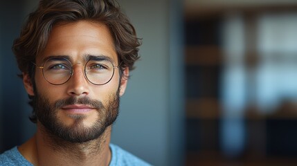 Obraz premium Young man with glasses and a beard smiling while sitting indoors in a modern workspace during daylight hours