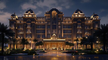 Fototapeta premium A luxury five-star hotel exterior with grand architecture, illuminated at night with welcoming lights