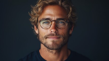 Obraz premium Young man with glasses and wavy hair smiles confidently against a dark background